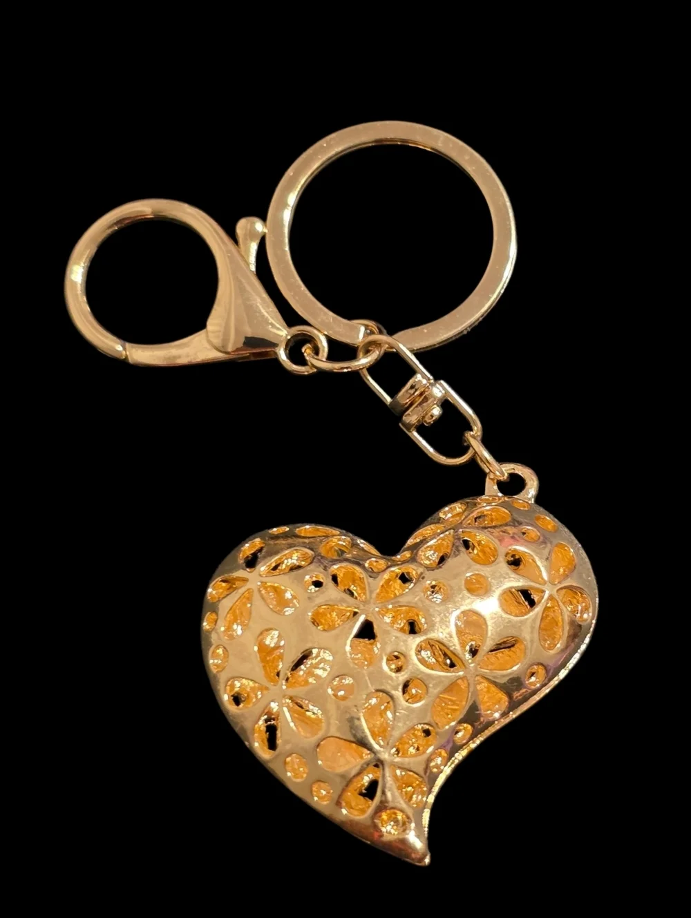 Gold Heart Keychain with Pink and White Flower Accents